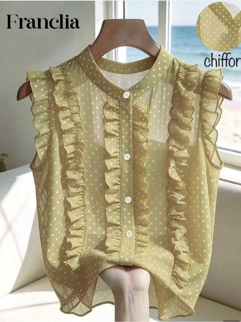 SHEIN Yellow Polka Dot Ruffle Chiffon Sleeveless Blouse